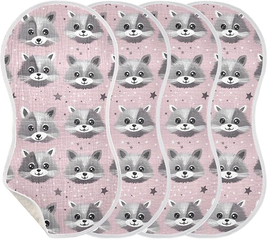 4Pcs Cute Raccoon Burp Cloth,Unisex Large Absorbent Soft Cotton Muslin Burping Cloths for Newborn Boys Girls,11x22in,A111703