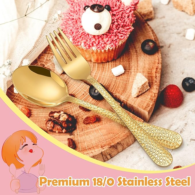 E-far Toddler Forks and Spoons Set, 10-Piece Stainless Steel Toddler Utensils Kids Safe Silverware for Self Feeding, Healthy & Non-Toxic, Gold