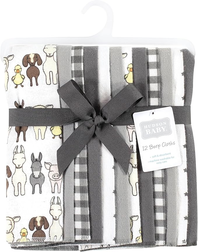 Hudson Baby Unisex Baby Cotton Flannel Burp Cloths Bundle, Farm Friends Grey, One Size
