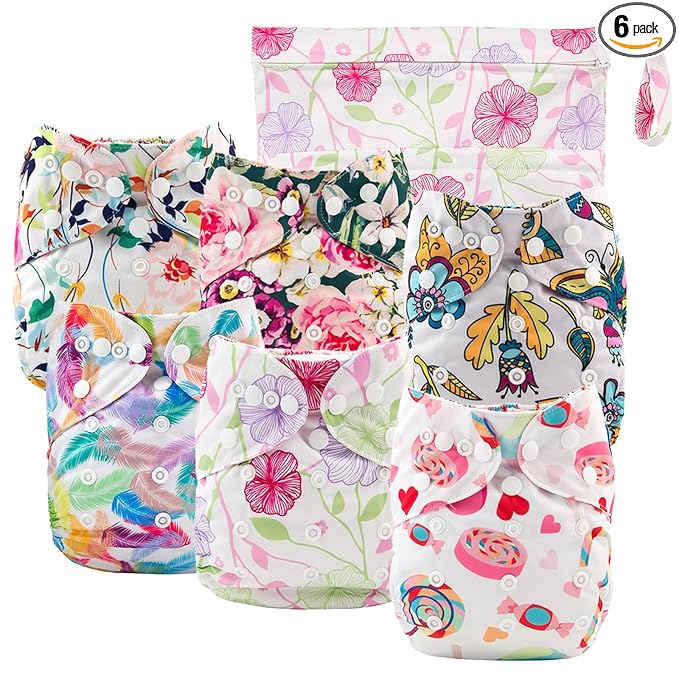 Babygoal Cloth Diaper Cover for Girls,Baby Adjustable Reusable Covers for Fitted Diapers and Prefolds, 6pcs Baby Clothes Covers+One Wet Bag 6DCF04