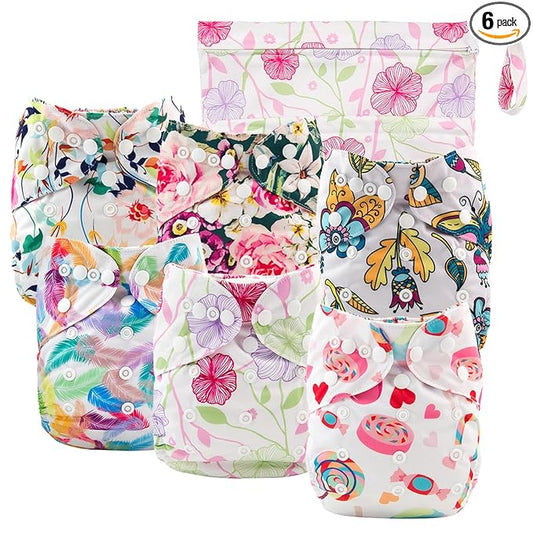 Babygoal Cloth Diaper Cover for Girls,Baby Adjustable Reusable Covers for Fitted Diapers and Prefolds, 6pcs Baby Clothes Covers+One Wet Bag 6DCF04
