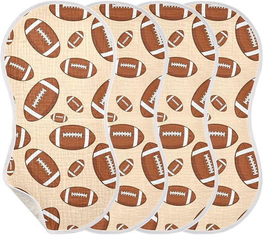 4 Pack Muslin Burp Cloths Sports Football Khaki Print Cotton Baby Burp Cloths Absorbent Soft Burping Cloth Washcloths for Newborn Babies 22x11 Inch