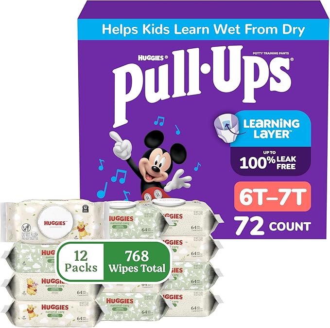 Pull-Ups for Boys + Natural Care Sensitive Wipes Bundle: Pull-Ups Training Pants, Size 6T-7T (55-75 lbs), 72 Count (2 Packs of 36) & Huggies Natural Care Sensitive Baby Wipes, 12 Packs, 768 Count