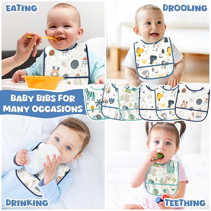 6Pcs Baby Bibs for Feeding Toddler Eating Bibs with Crumb Catcher Pocket Waterproof Sleeveless Teething Plastic Food Bib Set Adjustable Infant Keepsake Gift for Boys Baby Shower, 6-24 Months