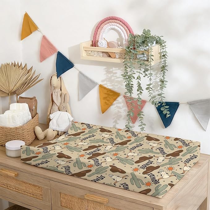 Changing Pad Cover for Baby Girls Boys, 32"/34" x 16" Safe Snug Diaper Change Table Pad Covers, Soft Stretchy Changing Pad Sheets Western Cowboy Howdy Theme Nursery Decor
