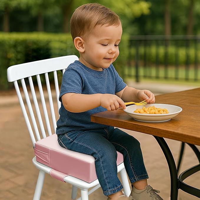 Toddler Booster Seat for Dining Table – PU Washable Cushion with Double Safe Straps, Non-Slip Bottom, Portable Travel Booster Seat for Toddlers (Pink)