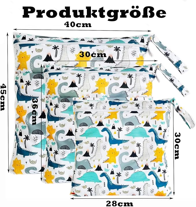 Wet Dry Bag for Cloth Diapers, 3PCS Waterproof Reusable Wet Bag with Zippered Pockets, Washable, Reusable for Travel, Beach, Pool, Stroller, Diapers, Dirty Gym Clothes, Swimsuits