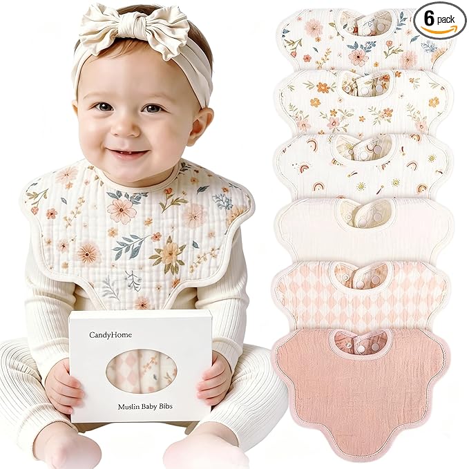 Muslin Bibs for Baby Girl Boy 6 Pack, 100% Cotton Extra Soft Absorbent Bandana Baby Bibs for Drooling and Teething Toddler Baby Girl Newborn Essentials Gifts