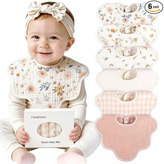 Muslin Bibs for Baby Girl Boy 6 Pack, 100% Cotton Extra Soft Absorbent Bandana Baby Bibs for Drooling and Teething Toddler Baby Girl Newborn Essentials Gifts