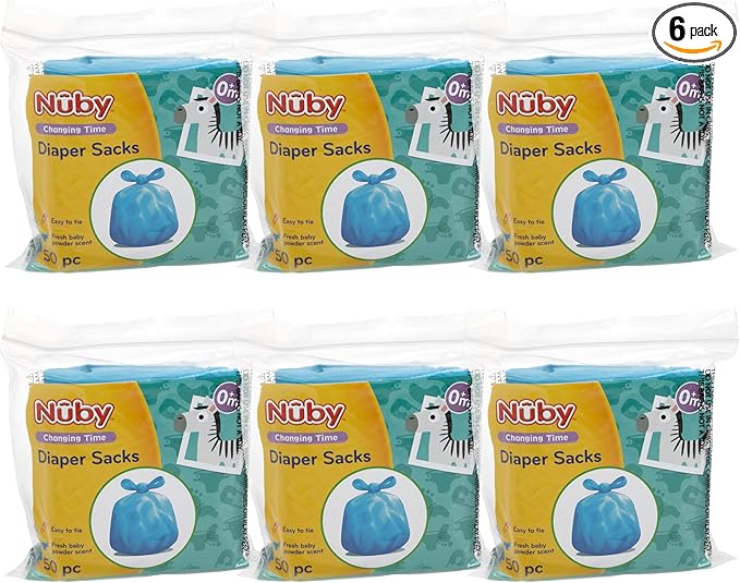 Nuby Diaper Disposal Bags for Baby - (6-Pack) 50 Count Disposable Bags - Fresh Baby Powder Scent - Blue