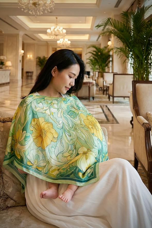 Le Veilea 3-in-1 Silk Nursing Cover - 100% Silk Twill Breastfeediing Cover, Baby-Friendly, Converts to Stylish Poncho & Refined Scarf, Lightweight & Breathable