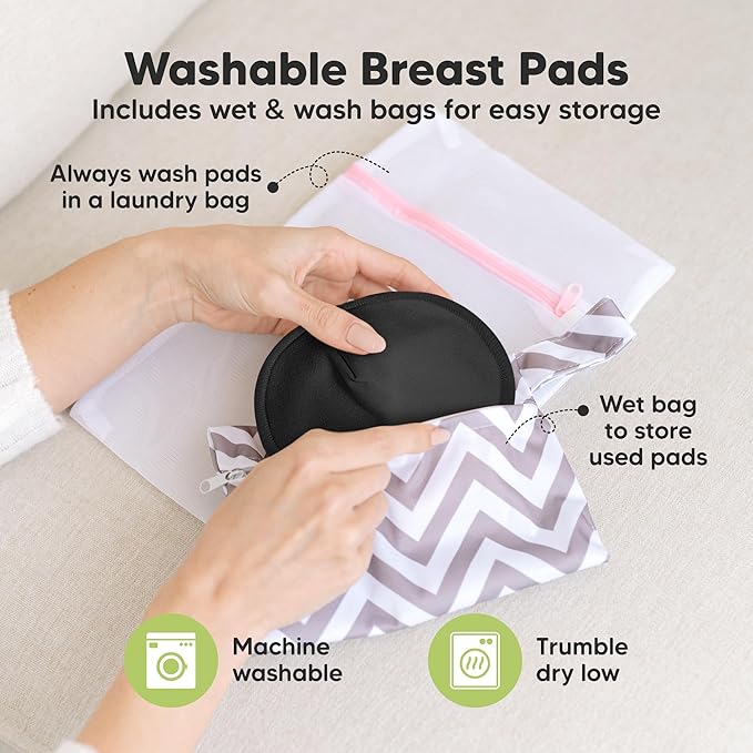 Organic Nursing Pads - 14 Washable Breast Pads for Breastfeeding, Wash Bag, Viscose Derived from Bamboo Reusable Nipple Covers for Breastfeeding Essentials, Soft & Absorbent(Midnight Black, L 5")