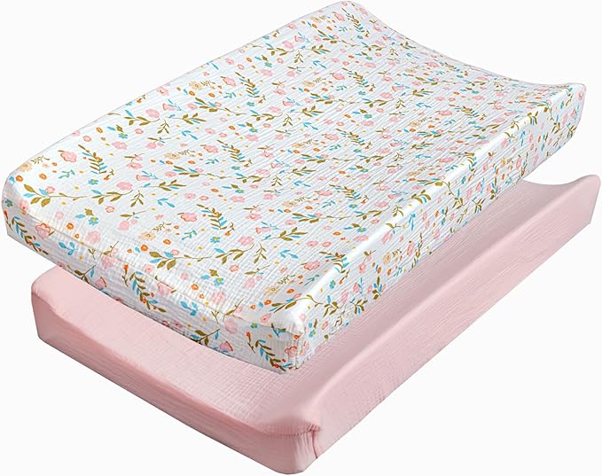 Baby Changing Pad Covers Girl, 2-Pack Changing Table Sheets, Cotton Muslin Changing Pad Covers, 32"x16" x 8" Diaper Changing Pad Cover Girl, Oeko-TEX Certified (Floral Pink Changing Pad Cover)