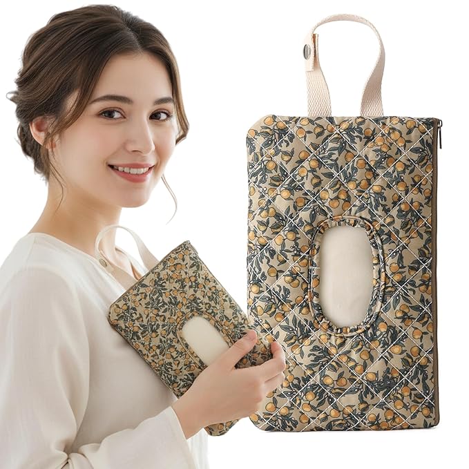 ETOYA Canvas Floral Quilted Wipe Dispenser Portable Wet Wipe Pouch for Mom(Green) (style2)