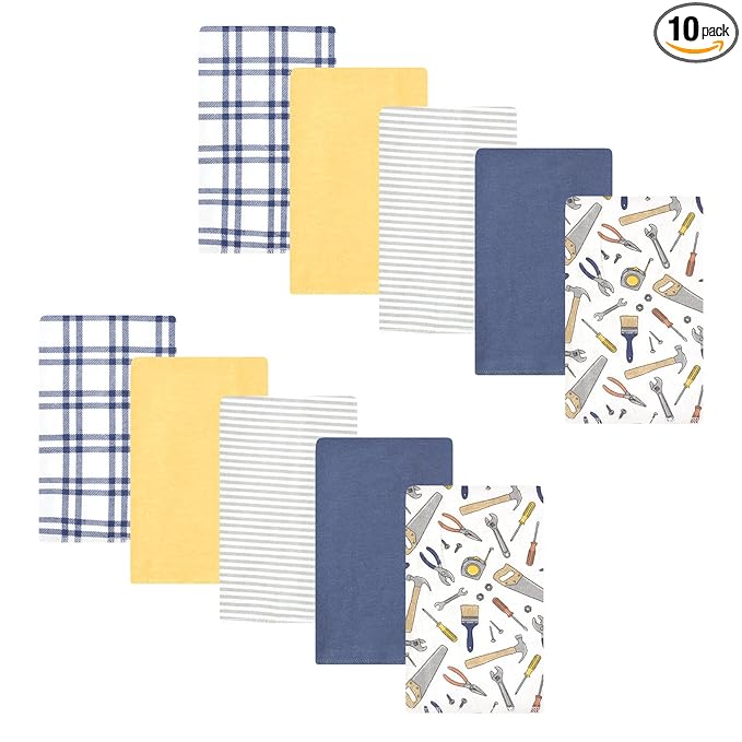 Hudson Baby Unisex Baby Cotton Flannel Burp Cloths, Construction Work 10-Pack, One Size