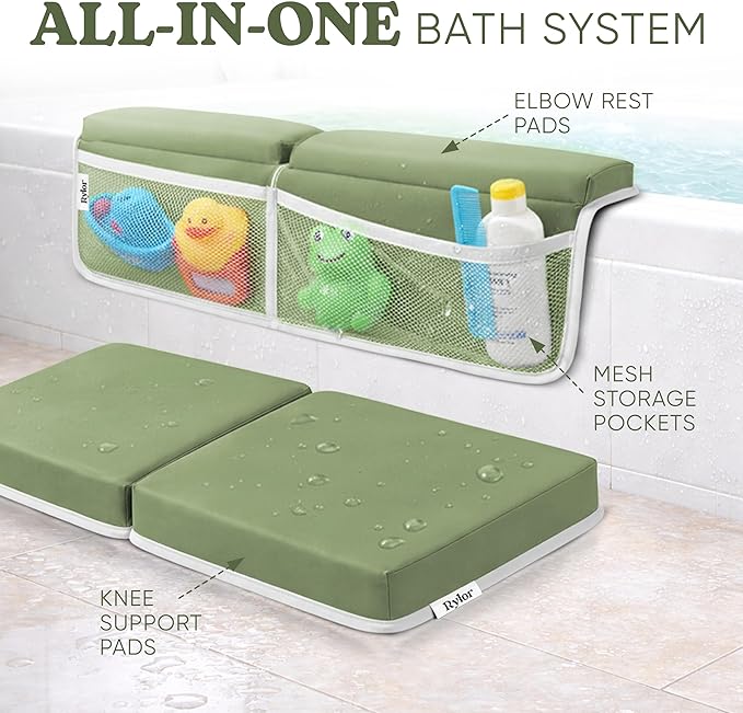 Rylor Premium Baby Bath Kneeler Mat & Elbow Rest Pad Set – Comfortable Bath Kneeler and Elbow Kneeling Rest Pad for Parents, Extra Long 26'', 2.4'' Thick, Non-Slip Support for Easy Bath Time (Green)