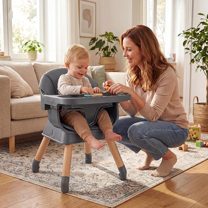BABY JOY High Chair, 9-in-1 Convertible Highchairs for Babies and Toddlers, Booster Seat | Table & Chair Set | Stool, Adjustable Legs, Removable Tray, Safety Harness & PU Cushion (Dark Gray)