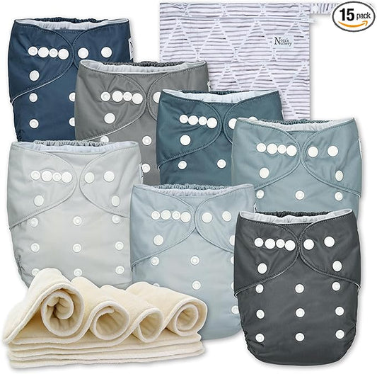 Nora's Nursery Cloth Diapers 7 Pack with 7 Inserts & 1 Wet Bag - Waterproof Cover, Washable, Reusable & One Size Adjustable Pocket Diapers for Newborns and Toddlers - Out to Sea