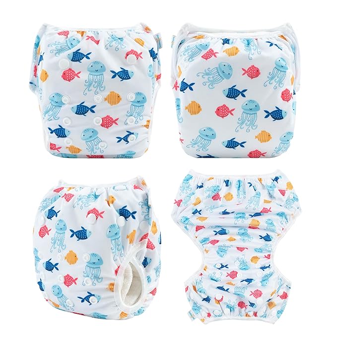 Babygoal Swim Diapers 3 Pack for 8M-3T Babies and Toddlers, Reusable Adjustable Washable for Baby Girl and Boy Swimming Lessons-Fish,Duck