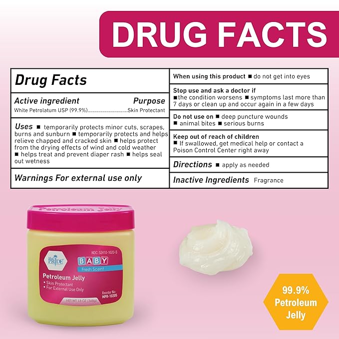 MED PRIDE Petroleum Jelly with Fresh Baby Scent, Pink, 13 oz – Skin Protectant & Moisturizing Ointment for Dry Skin, Rashes, Minor Burns, Chapped Lips & Diaper Rash