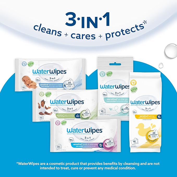 WaterWipes Sensitive+ Bathing Wipes,3-In-1 Cleans,Cares,Protects,99.9% Water,Unscented & Hypoallergenic,16 Count (Pack of 12)