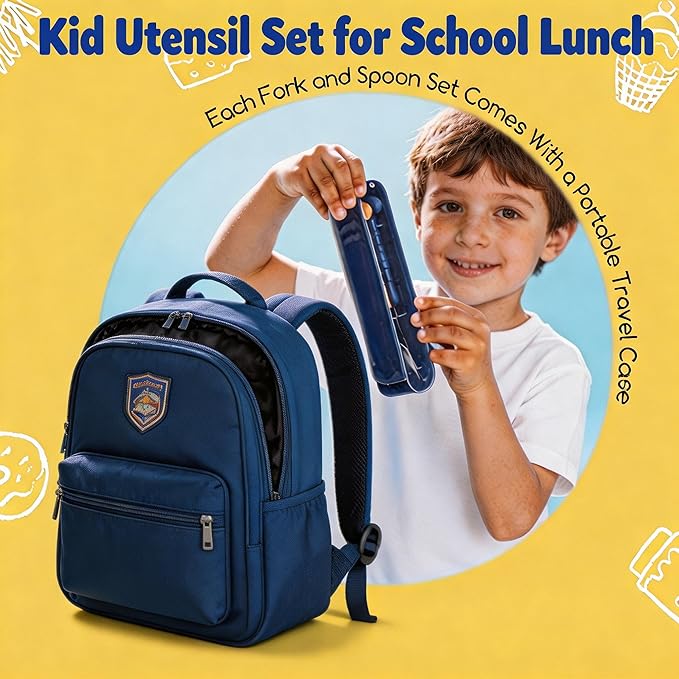 2-Piece Kid Utensils Set, 304 Stainless Steel Kids Fork and Spoon for Self-feeding, Safe Kid Silverware with storage case for School Lunch, Travel & Outdoors, Dishwasher Safe(BLUE)