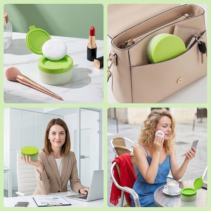 White Plastic Empty Baby Powder Puff Case with Green Sifter Lid Refillable After-Bath Talcum Powder Jar Dispenser Portable Beauty Baby Skin Care Container for Home and Travel