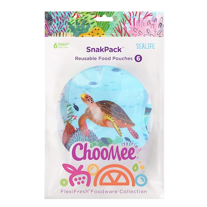 ChooMee Reusable Baby Food Storage Pouches | BPA Free Leakproof Toddler Squeeze Pouch for Smoothies, Purees & Baby Food | Refillable, Double Zipper, Easy Clean, Wide Bottom | 6CT, 8oz SeaLife