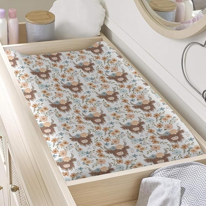Farm Western Cow Flowers Floral Leaves Pattern Baby Changing Pad Cover, Unisex Highland Cow Nursery Diaper Changing Table Pad Mat Sheet for Boys Girls-16x32