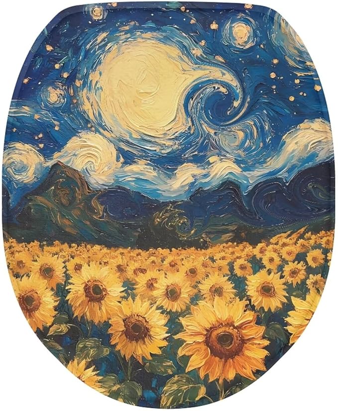 Starry Night Sunflower Toilet Cover Elastic Edges Seat Covers Soft and Breathable Toilet Lid Covers for Bathroom Fits Most Toilet Lids Covers，Oil Painting Bathroom Decoration