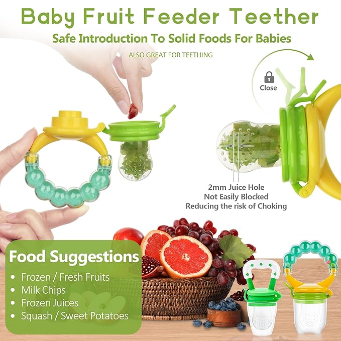 Baby Fruit Feeder Pacifier - 12 Pack | 2 Infant Food Feeder Pacifier & 1 Babies Food Dispensing Spoon | Fresh Fruit Teethers for Babies | Silicone Feeder Baby,Infant Teething Feeders(Green)