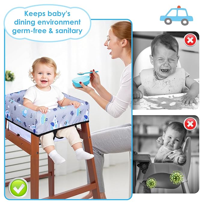 High Chair Cover, Baby High Chair Cover for Restaurants, Waterproof Portable Highchair Covers with 3-Point Harness for Eating, Travel, Home, Machine Washable, Fits Wooden Chairs (Grey)