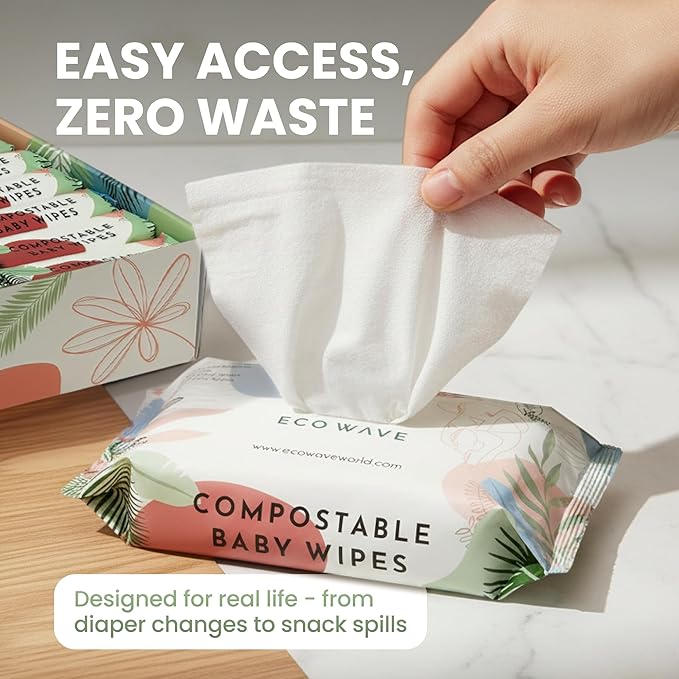 Eco Wave Baby Wipes, 100% Compostable Eco-Friendly Bamboo Wipes, Unscented, Hypoallergenic, Vegan, Alcohol-Free, Suitable For Sensitive Skin (Pack of 4)