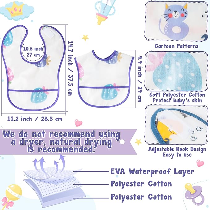 6Pcs Baby Feeding Bibs with Crumb Catcher Pocket Waterproof Sleeveless Teething Plastic Food Bib Set Adjustable Toddler Infant Keepsake Gift for Baby Shower, 6-24 Months