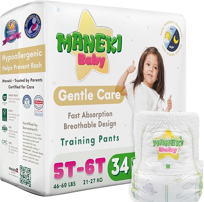 Maneki Baby Hypoallergenic Potty Training Pants 5T–6T, 34 Count (46–60 lbs), Pull-On Diaper Pants & Training Underwear, Soft, Unscented & High Absorbency for Overnight & Daily Use (Pack May Vary)