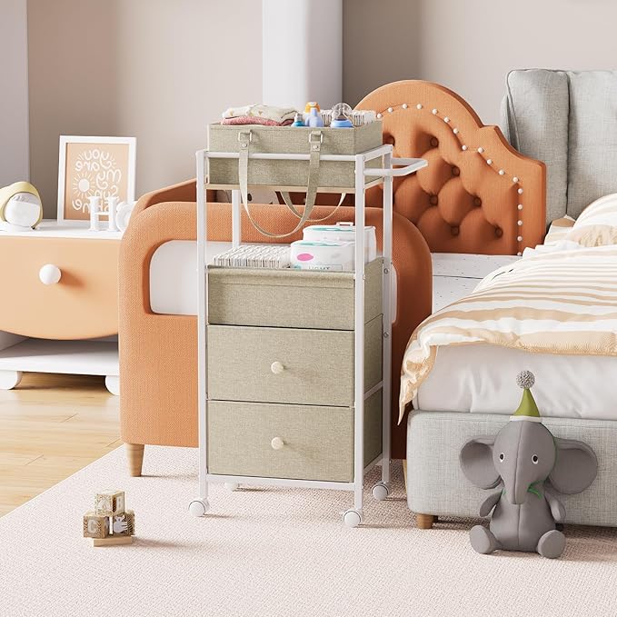 Modanais Baby Diaper Caddy Organizer Cart with Drawers - 3In1 Rolling Storage Cart with Wheels, Removable Diaper Caddy, Detachable Dividers - for Crib, Bedroom, Art & Craft Organizer (Off White)