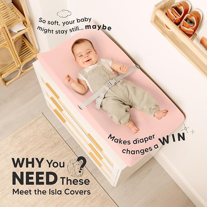 2-Pack Baby Changing Pad Cover for Girl, Boy - 34x18 Soft Viscose Derived from Bamboo Baby Diaper Changing Table Pad Cover Sheets, Neutral, Snug Fit Nursery Diaper Change Sheets (Cameo)