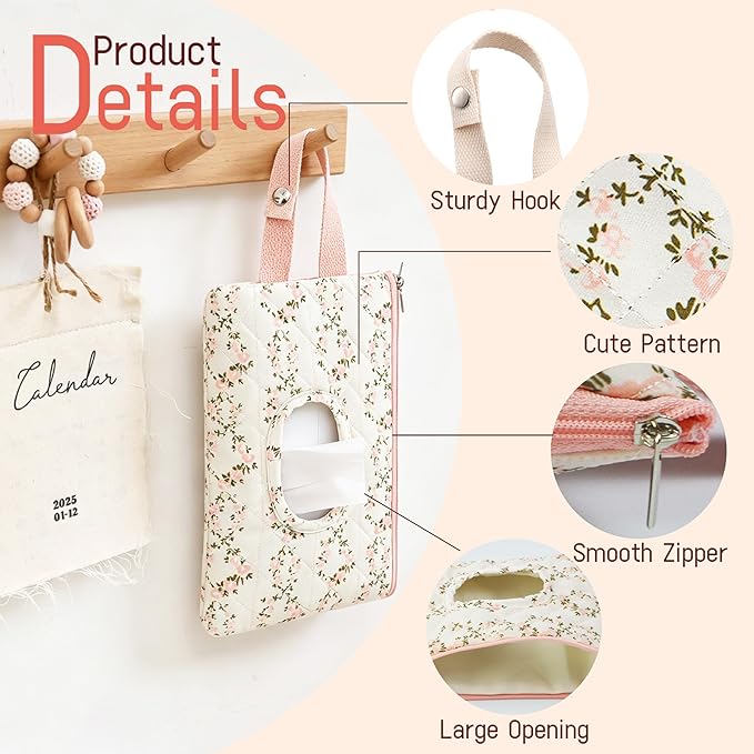 Quilted Baby Wipe Holder Floral Diaper Pouch Portable Quilted Wipes Bag for Car, Stroller