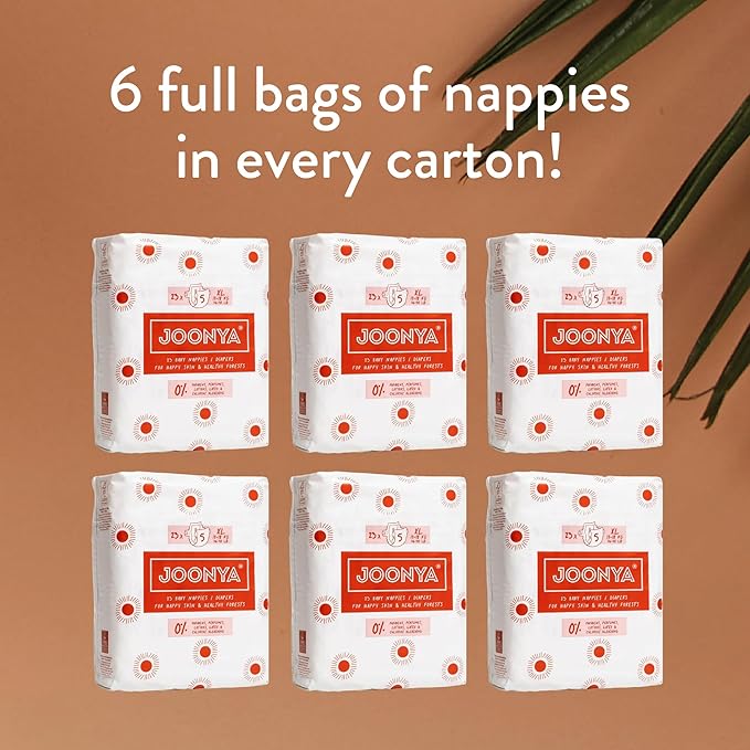 Joonya Baby Diapers, Size 5 XL (26-40 lb) - 6 Bags of 23 (138) - Non Toxic, Eco-Friendly, High Absorbency, Overnight Use, Ultra Slim & Soft - Made in Denmark