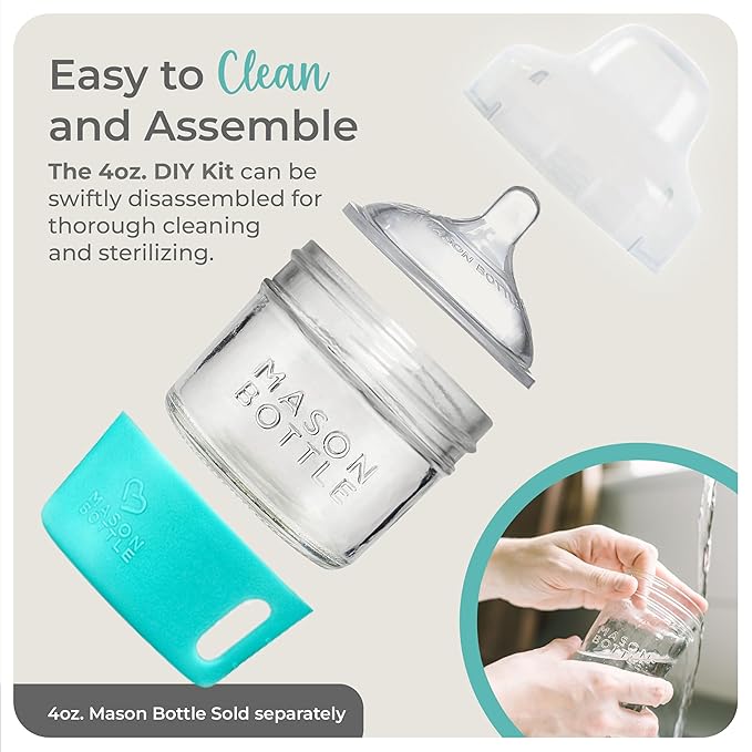 Complete Baby Glass Bottle & Breastmilk Storage Kit | 8oz Mason Jars w/Lid + Slow & Medium Flow Nipples (0-6 Months) + Plastic Mason Jar Rings & Caps + Silicone Sleeves