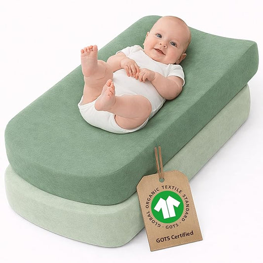 Plush Organic Changing Pad Covers Boy, Girl - GOTS 100% Certified Organic Cotton Changing Table Pad Cover, Baby Nursery Diaper Changing Pad Sheets,Table Contour Pads Liners (Forest Green + Sage Green)