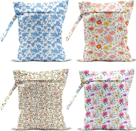4 Pack Colorful Flowers Wet Bag Waterproof Washable Reusable Wet Dry Bag for Swimsuit Clothes Cloth Diaper Travel Beach Pool Yoga Gym Toiletries Gift for Women Bestie Coworker Birthday Christmas