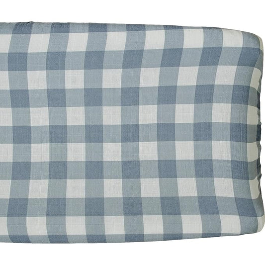 Mebie Baby Changing Pad Cover, Dusty Blue Gingham, 100% Muslin Cotton Changing Table Pad Cover for Boy and Girl, Designer Nursery Decor Covers, Diaper Changing Pad Cover for Changing Station