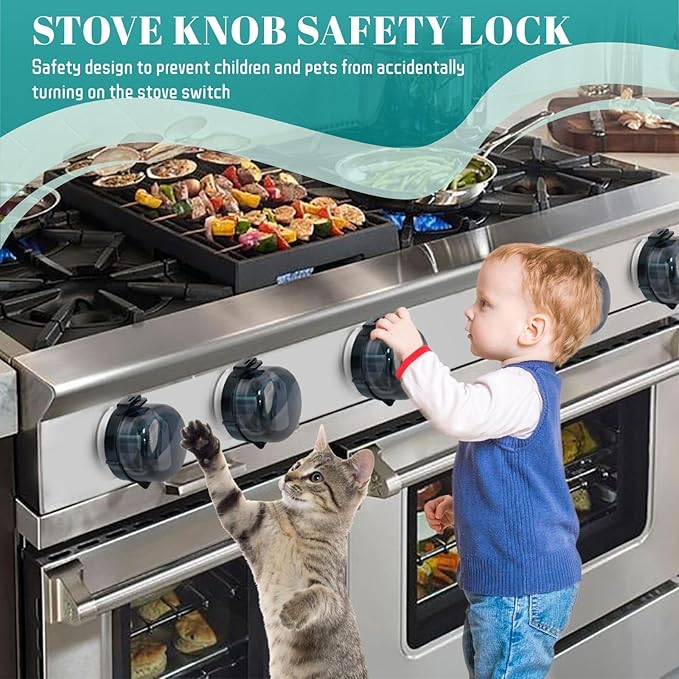 5-Pack Stove Knob Safety Covers, Childproof Gas Stove Knob Locks, Upgraded Dual-Press Design, Universal Fit for Most Stoves,Water/Oil Resistant, High Temperature Resistant (Black)