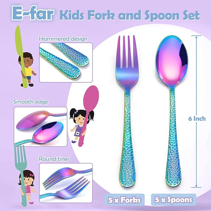E-far Toddler Forks and Spoons Set, 10-Piece Stainless Steel Toddler Utensils Kids Safe Silverware for Self Feeding, Healthy & Non-Toxic, Rainbow