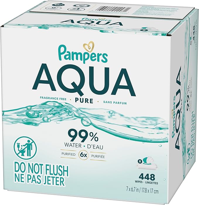 Pampers Aqua Pure Baby Wipes, 99% Water, Fragrance Free, 448 Baby Wipes Total (8X Flip-Top Packs) [Packaging May Vary]