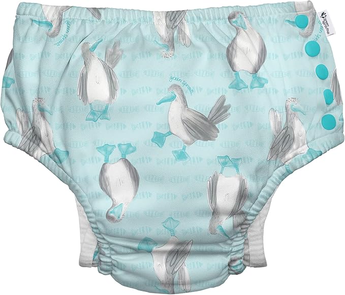 i play. by green sprouts Reusable, Eco Snap Swim Diaper with Gussets, UPF 50, 4T, Light Aqua Blue-Footed Boobie - Galapagos, Patented Design, STANDARD 100 by OEKO-TEX Certified