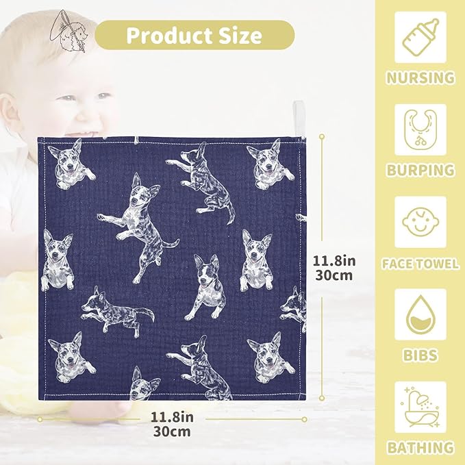 vvfelixl Blue Heeler Dog Baby Burp Cloths Baby Muslin Washcloths for Boys Girls Cotton Babys Face Towel for Newborn Soft 11.8 X 11.8 in, 5 Pack