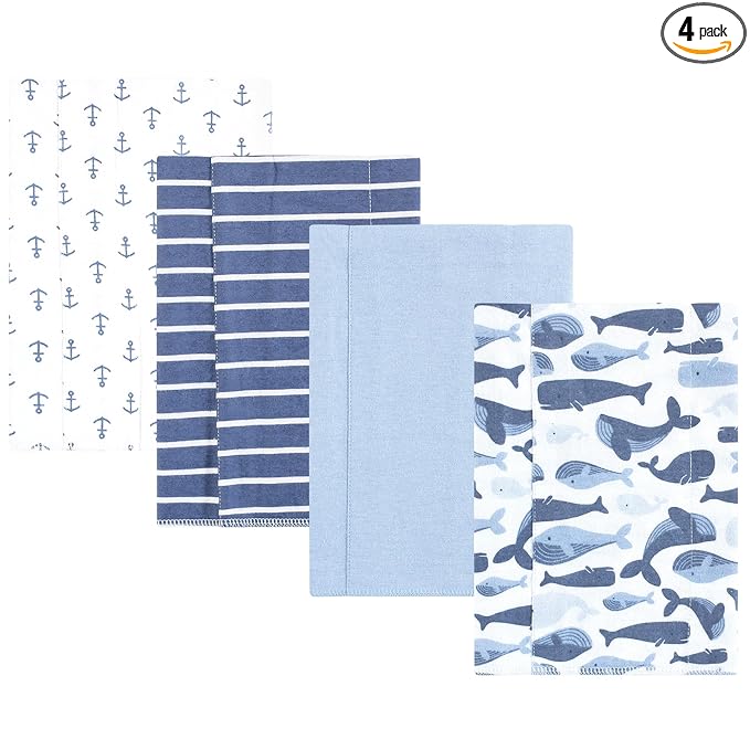 Hudson Baby Unisex Baby Cotton Flannel Burp Cloths 4-Pack, Cute Whales, One Size