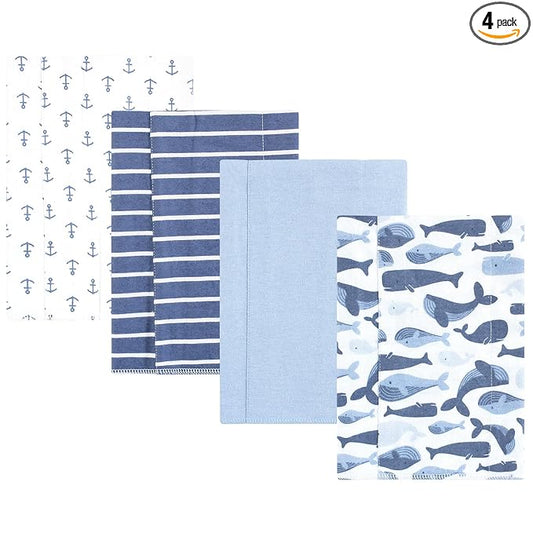 Hudson Baby Unisex Baby Cotton Flannel Burp Cloths 4-Pack, Cute Whales, One Size